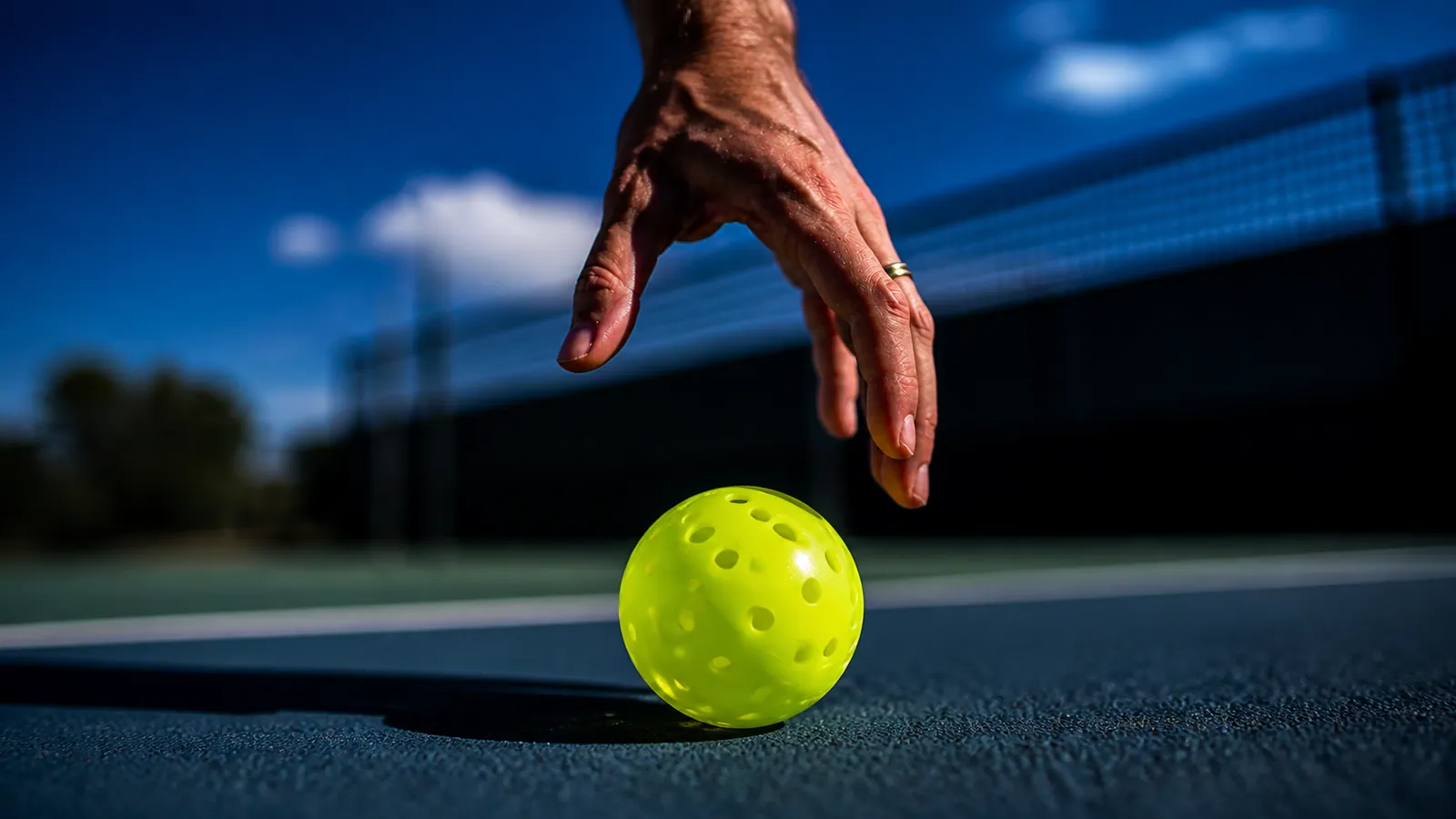 A hand reaching toward a neon pickleball on a blue court.