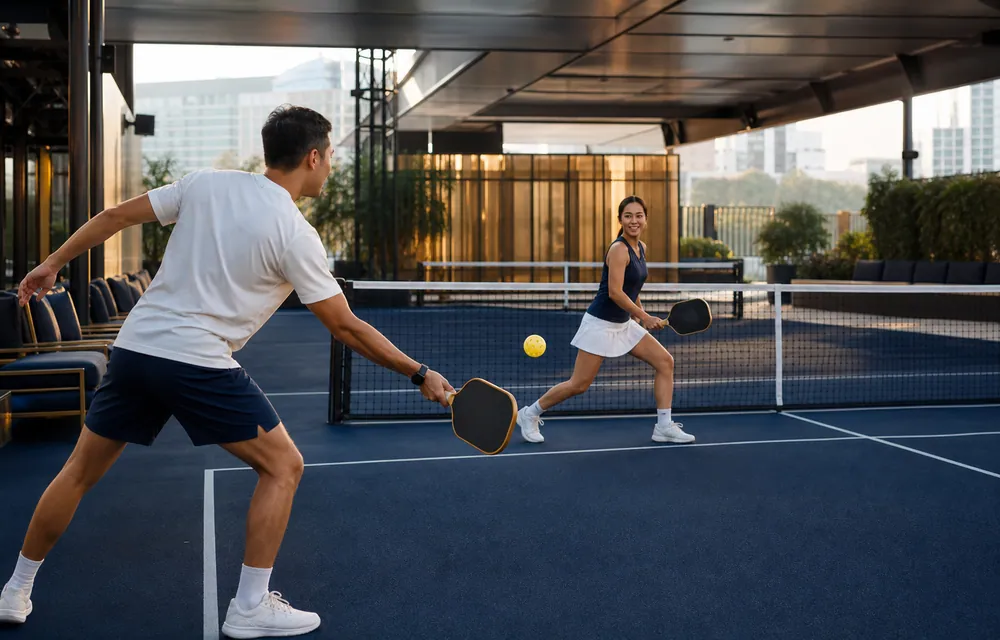 Two players rallying on a premium navy pickleball court.